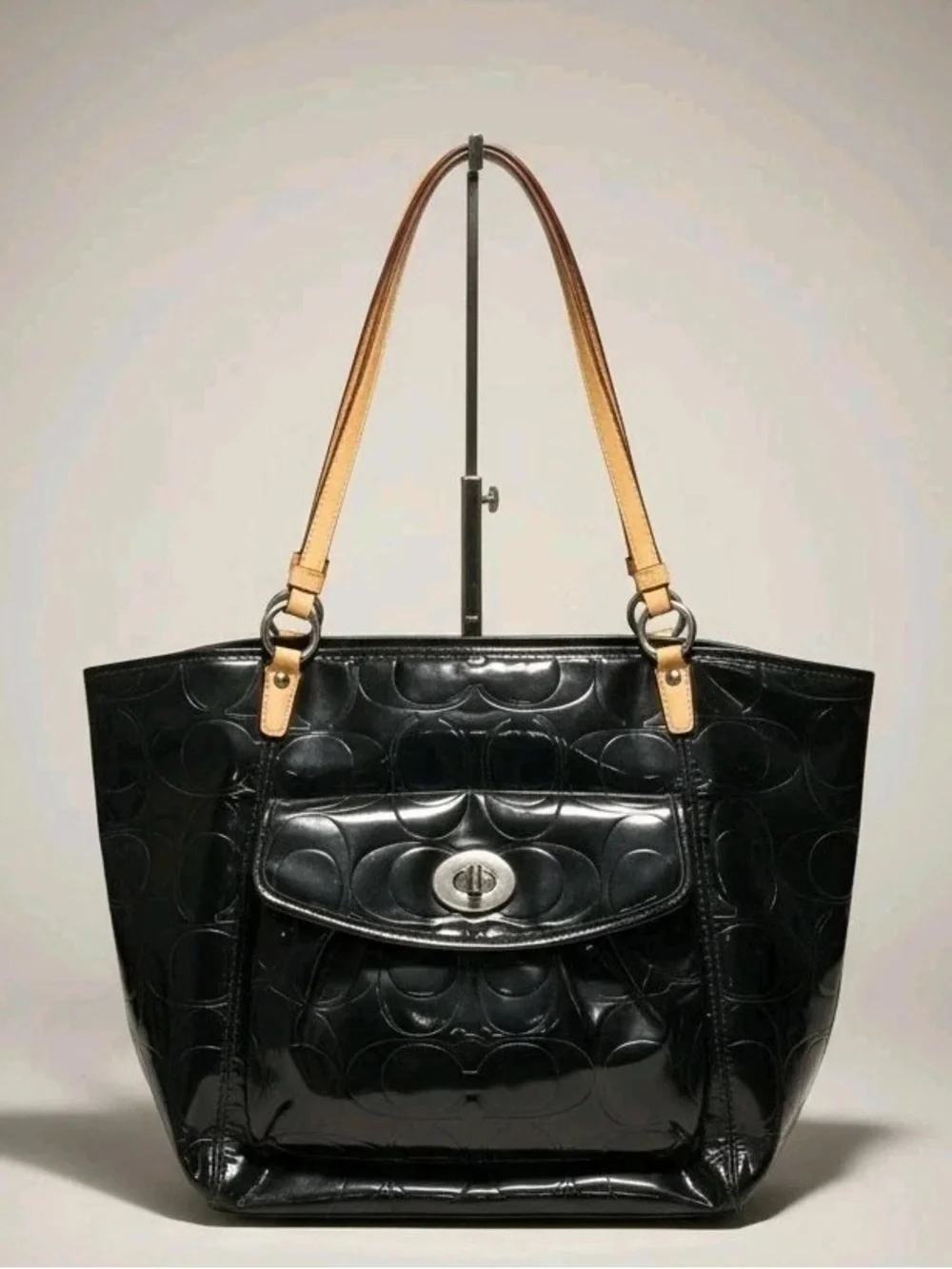 COACH Signature LEAH Black Embossed Patent Leather Logo SHOULDER TOTE BAG F14663